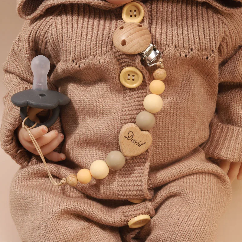 Personalized Pacifier Clip Nordic Style Mother and Baby Products Pacifier Custom Name Beech Silicone Pacifier Anti-drop Chain