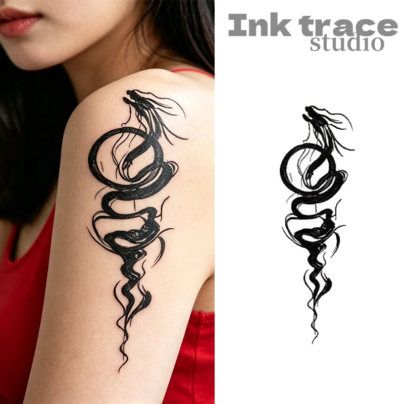 Oriental Brush Stroke Dragon Temporary Tattoo Sticker Black Enso Circle Totem Waterproof Fake Body Art Tattoo For Arm Shoulder