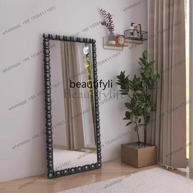 Factory Direct Wall-mounted square art black full-body mirror hand-carved wooden frame floor mirror size customization