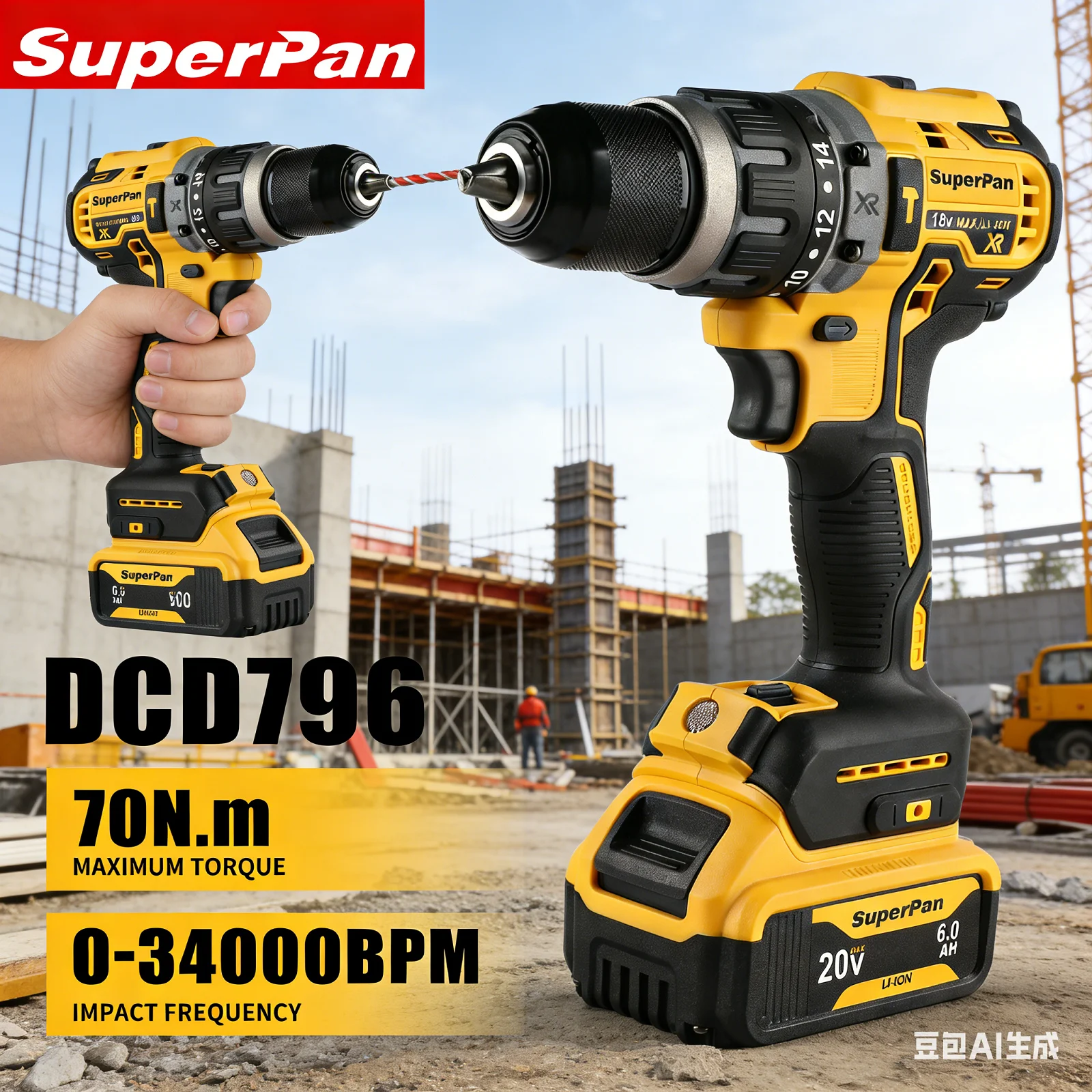 

SuperPan Torque Screwdriver DCD796 20V 70N.m 40/13/13mm Hydropower Pipeline Fixing Rechargeable For Dewalt 20V Battery Pin