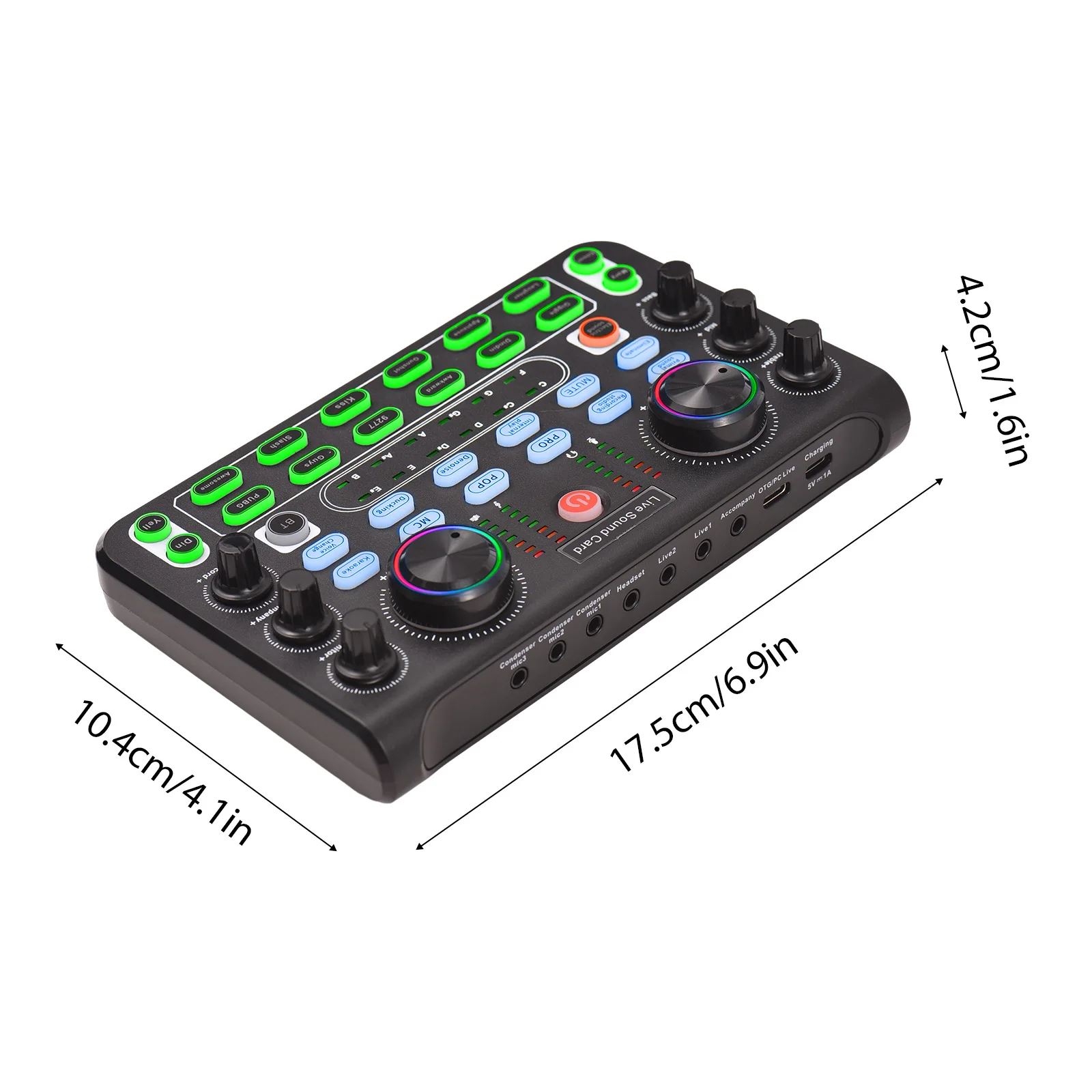 Live Sound Card Audio Black Double Channel 44.1KHz 16bit 8 Knob 31 Button 70 Indicator Light 500mAh 220mA DC 5V 1A 230g