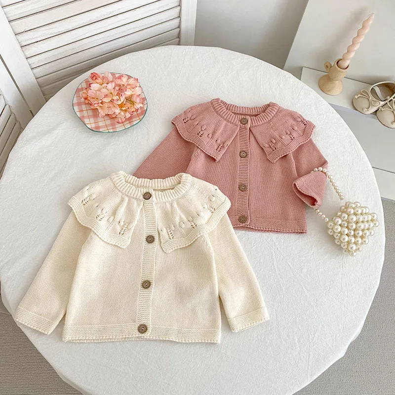 

Autumn Cardigan Versatile Baby Girl Infant Lotus Leaf Collar Knitted Pure Cotton Newborn Toddler Knitted Cardigan Coat Tops