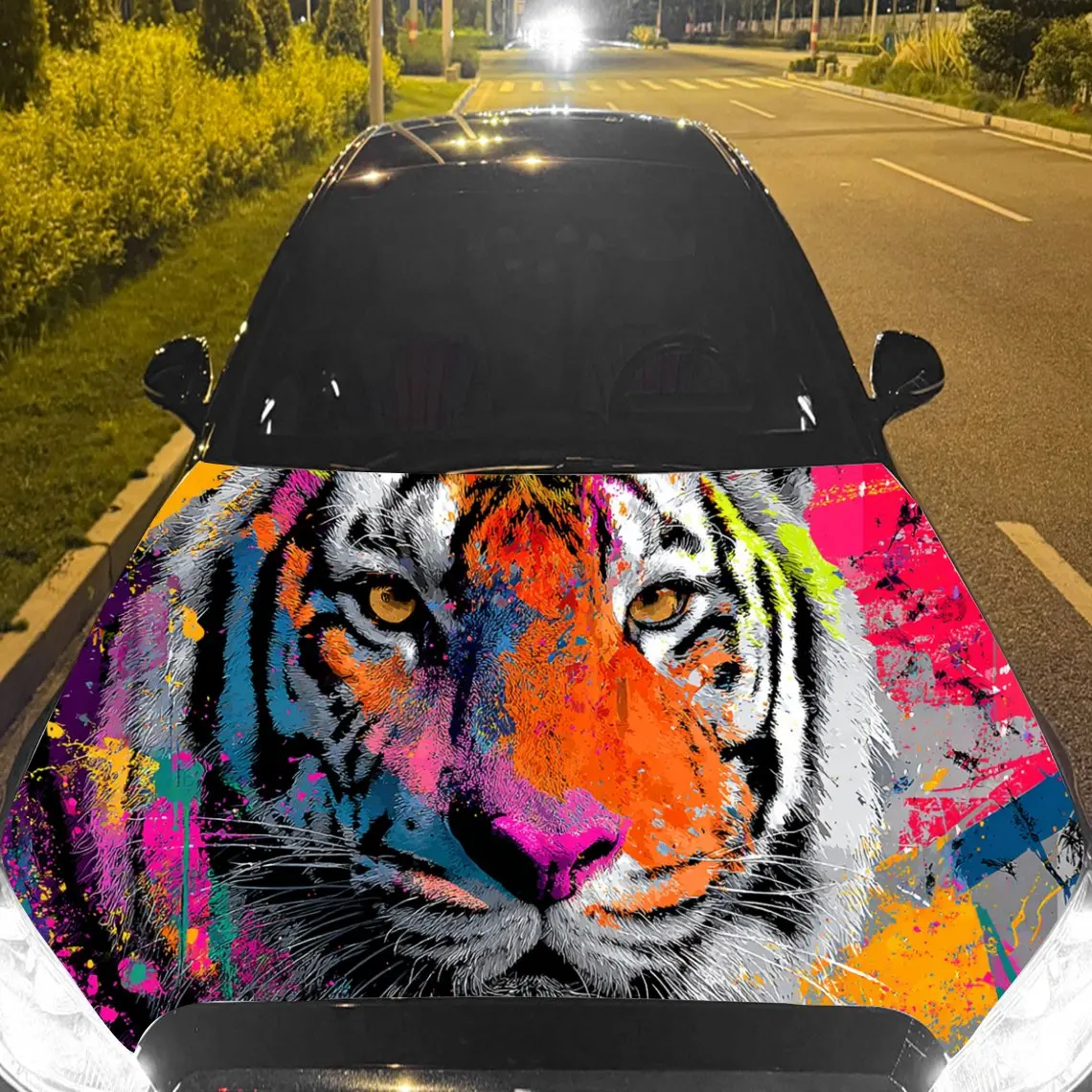 

Car Decal Tiger with Colorful Splash Artistic Background & Ferocious-Vibrant Aesthetic Car Hood Sticker, Waterproof Self - Adhes