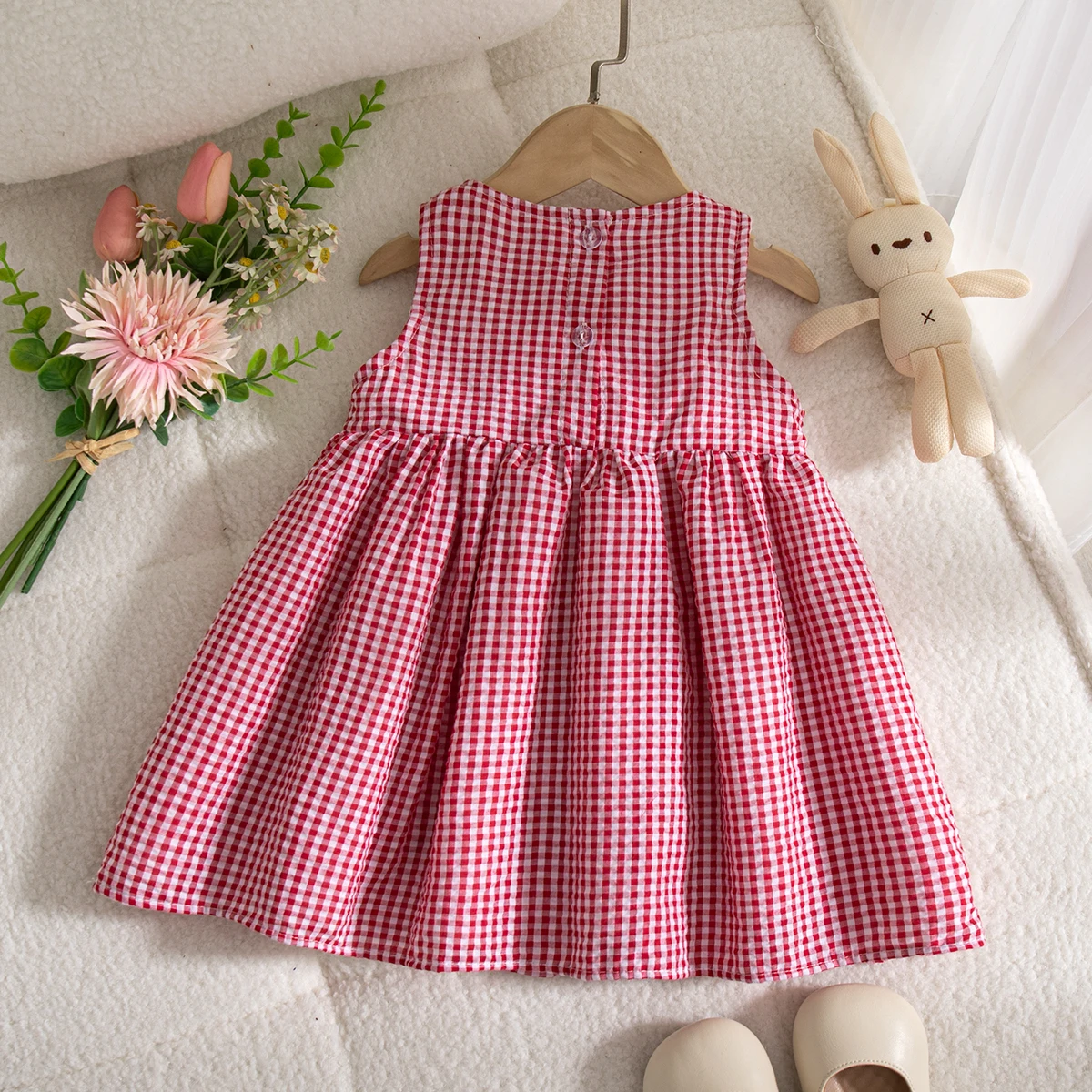 Summer New Baby Girl Plaid Dress Cute Rabbit Children'S Sleeveless Clothes (9 Months -4 Years Old)