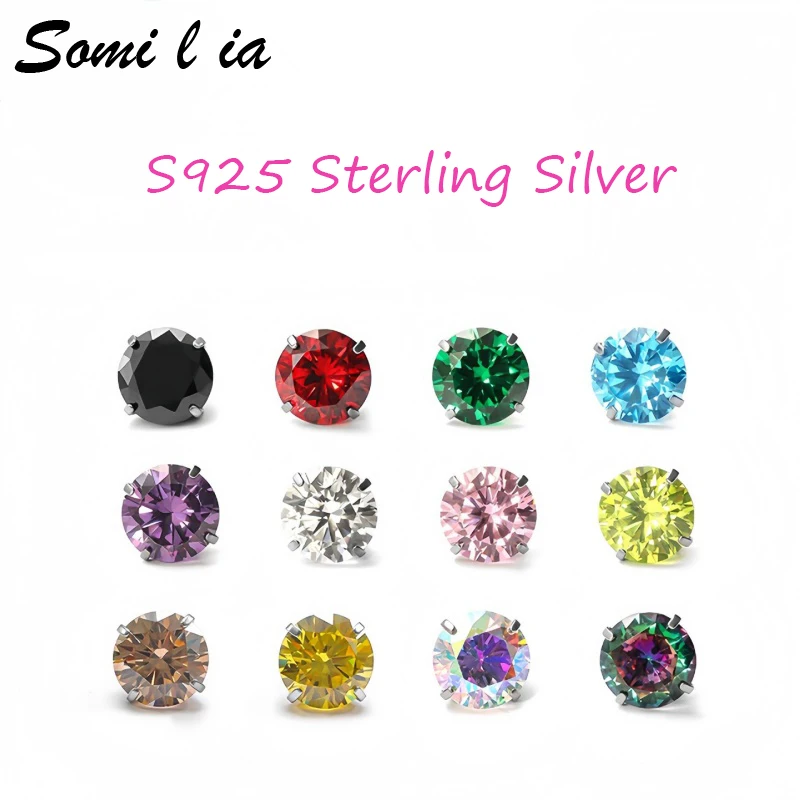 SOMILIA Minimalism Classcial 925 Sterling Silver With Multi-Colored 5A Zircons Stud Earrinngs For Men Women Delicate Jewerlry