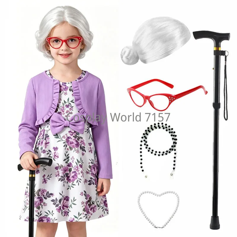 

7pcs Disfraz Old Lady Costumes Kit With Nightgown Wig Cane Halloween Cosplay The 100 Days Of School Full costume Accessories