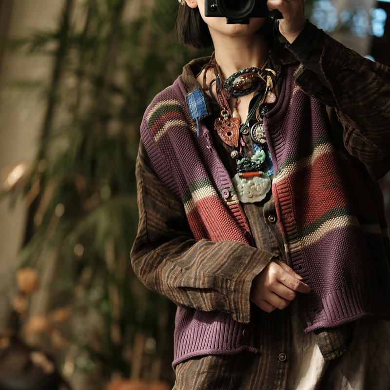 

Women Casual Sweater Vests New Arrival 2025 Autumn Vintage Style O-neck Striped Female Sleeveless Basics Knitted Cardigans M2095