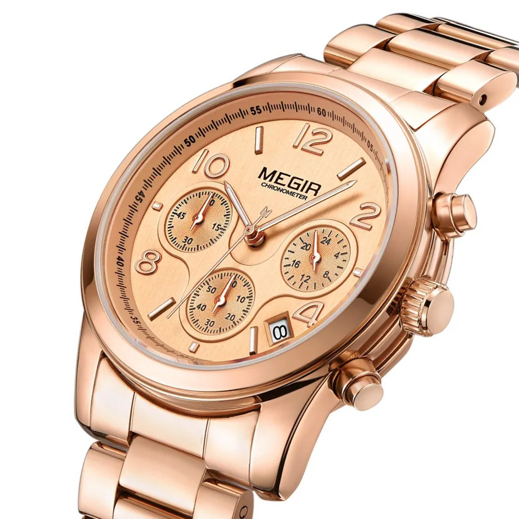 MEGIR 2057 Beautiful Women's Quartz Watch Chronograph Automatic Date Design Classic Stainless Steel Fashion Watches for Woman