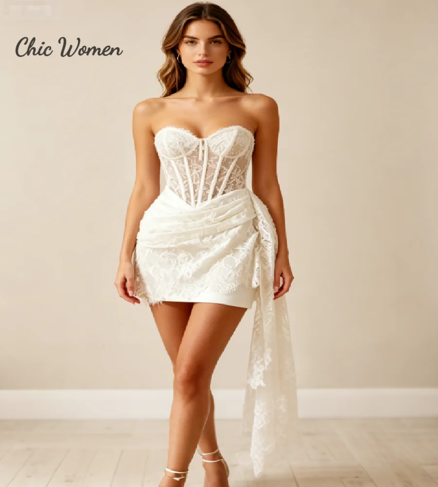 Chic Boho Civil Short Wedding Dress With Draped Side TrainSheer Lace Mini Bohemian Beach Bridal Gowns Photoshoot Elopement Party
