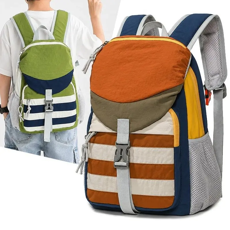 Stylish Color-Block Women's Casual Backpack Large Capacity Drawstring Men's Backpack Lightweight Nylon Travel Backpack Student S