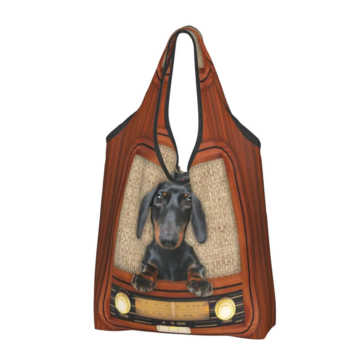 Custom Dachshund Dog On Radio Shopping Bags Women Portable Large Capacity Grocery Badger Wiener Sausage Shopper Tote Bags