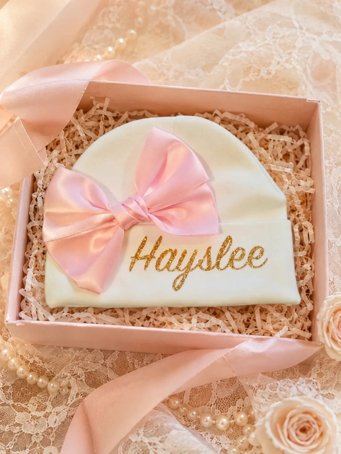 High Density Combed Cotton Soft Newborn Beanie Custom Cursive Name Pearl Crown 3D Bow Infant Girl Head Cover