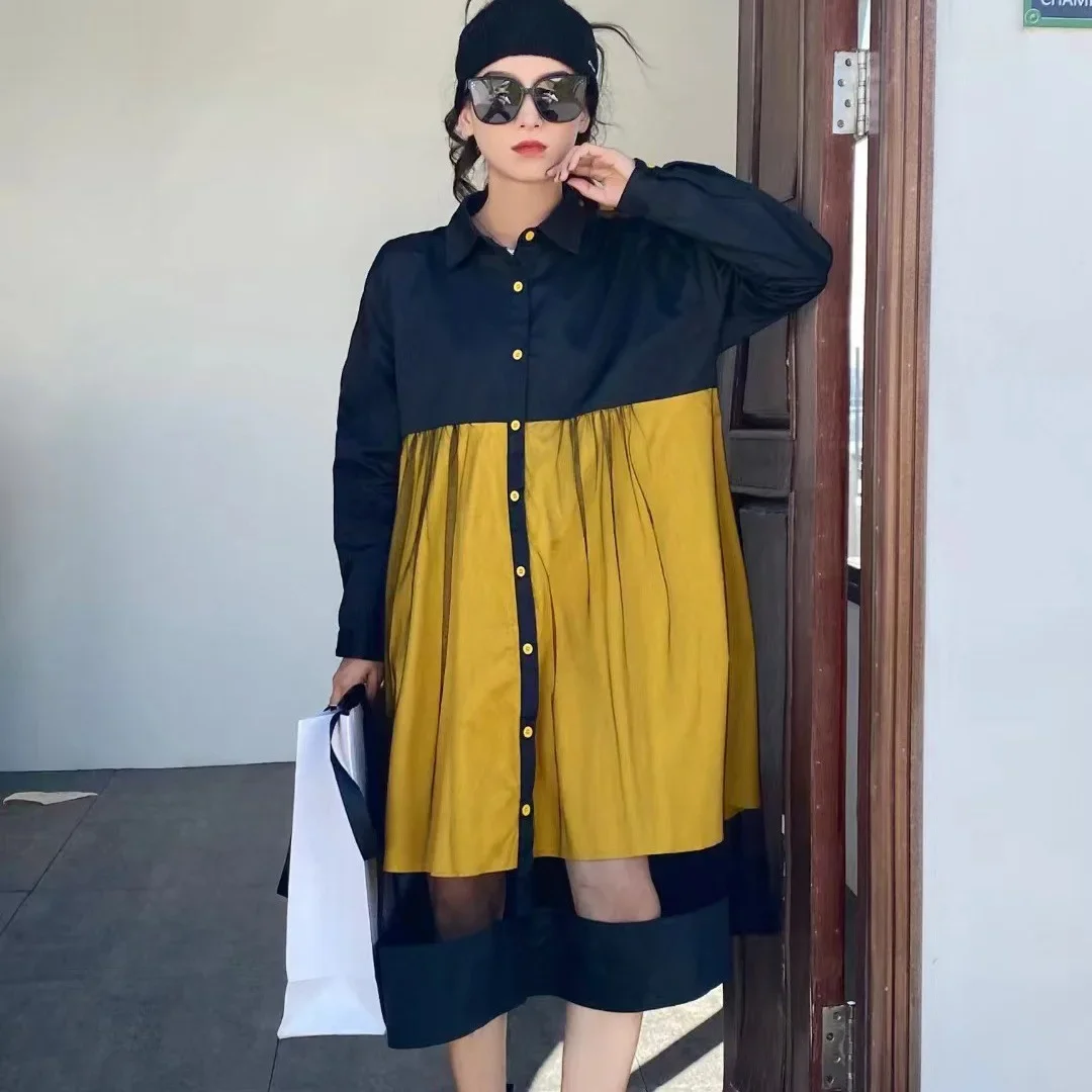 SuperAen Spring 2023 New Mesh Stitching Contrast Long Shirt Dress Women Streetwear Design Long Shirt Dress