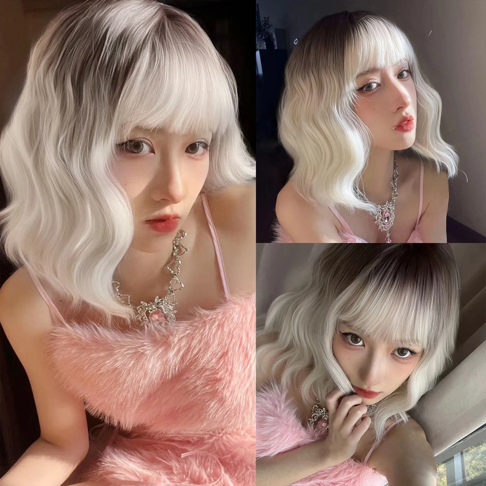 

Short Curly Wavy White Ombre Synthetic Wig White Lolita Hair Wig with Bangs for Women Cosplay Party Halloween Heat Resistant