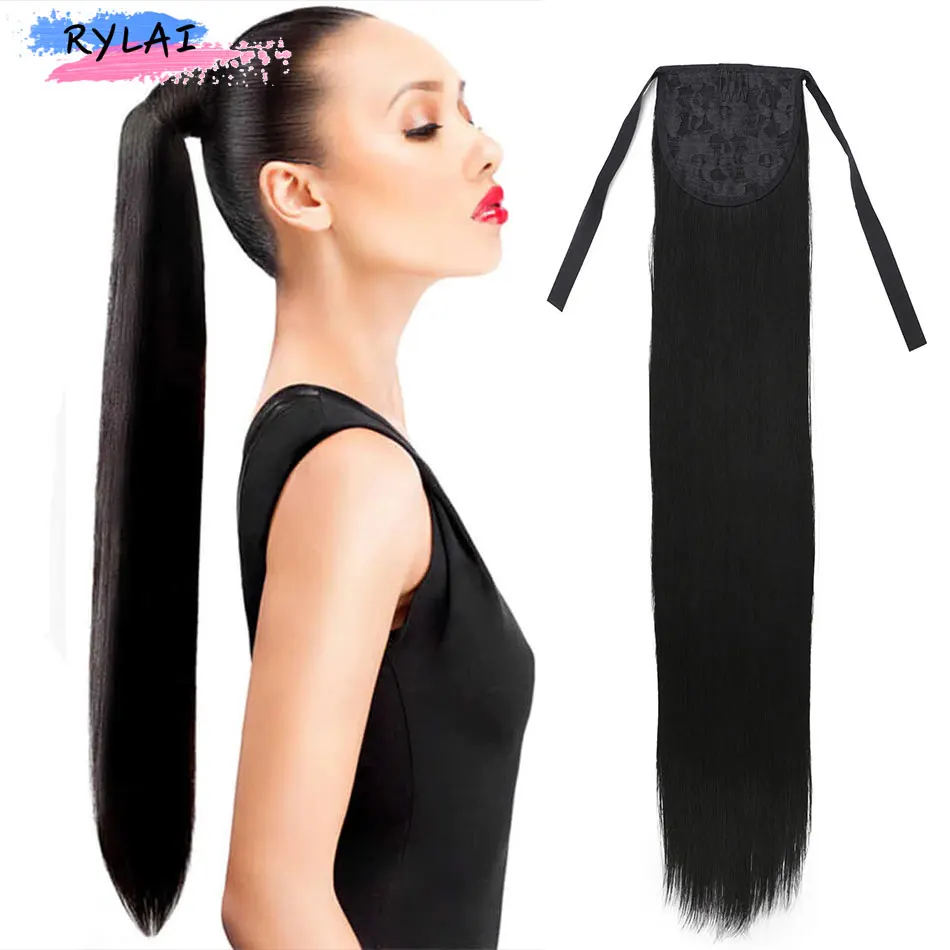 

Synthetic Straight Ponytail Extensions Wrap Around Ponytail Clip in Hair Extensions Natural Hairpiece Resistant Fiber Synthetic