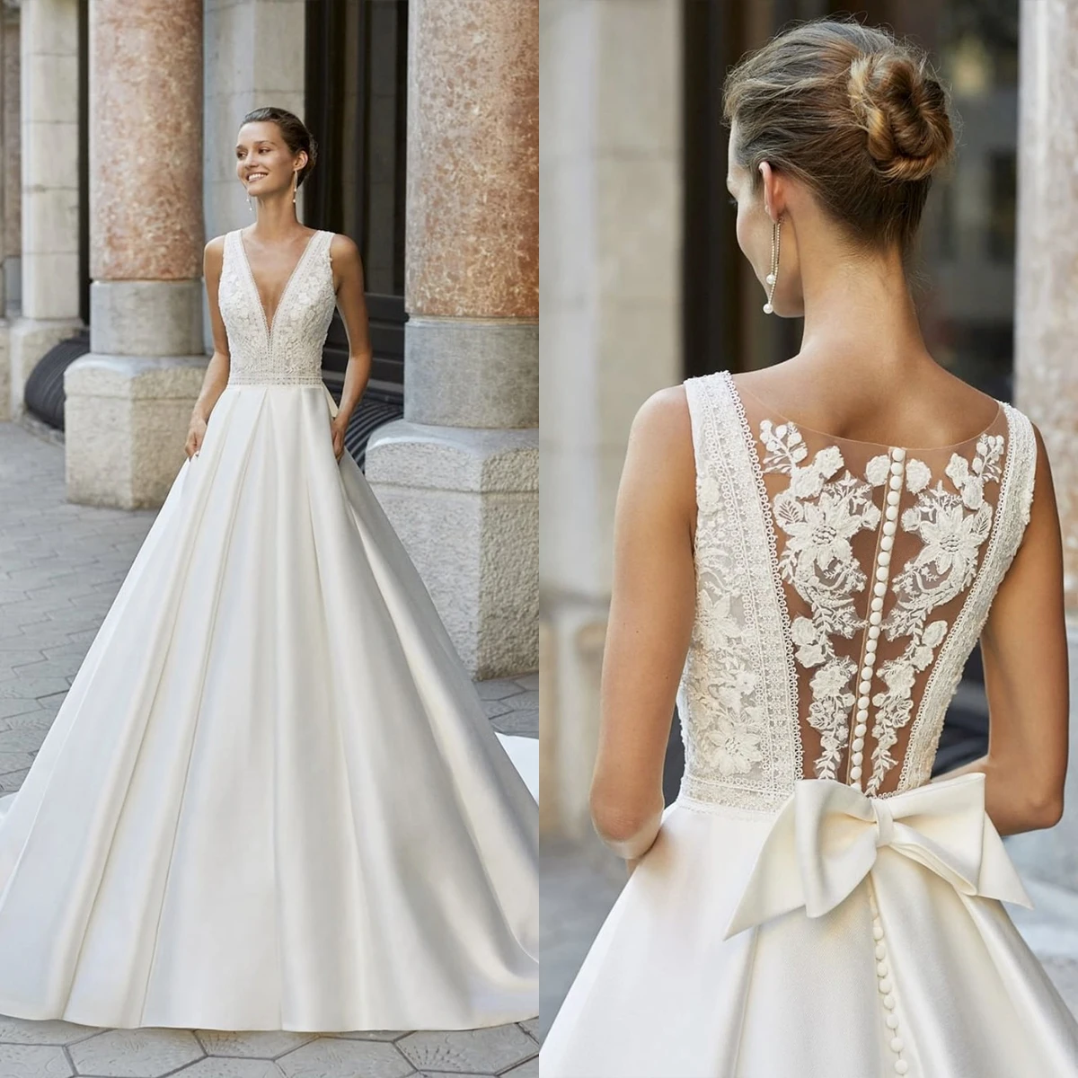우아한 수제 웨딩 드레스 a 라인 스트랩 v 넥 버튼 레이스 아플리케 코트 트레인 신부 가운 vestido de noiva 맞춤형