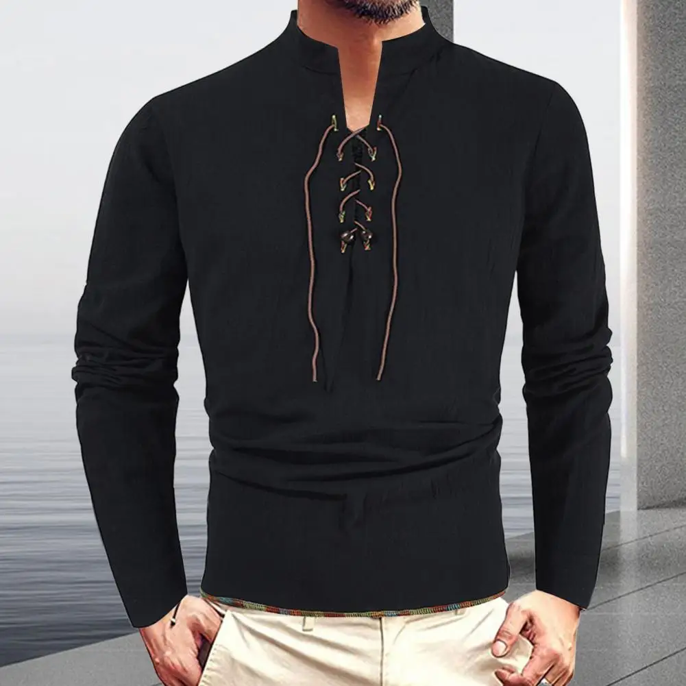 Spring Autumn Men Shirt Lace-up Stand Collar Long Sleeves Solid Color Loose Retro Medieval Mid Length Casual Commuting Top