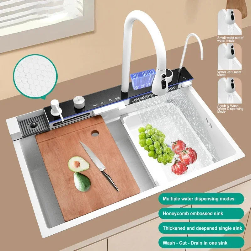 

White/Black Stainless Steel Waterfall Kitchen Sink Multifuctional Faucets Simple Style Large Single Slot Kitchen Accessories