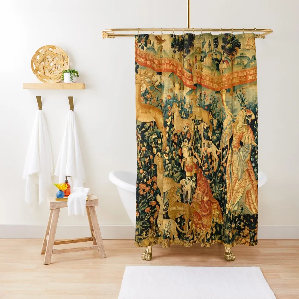 

MEDIEVAL DEER HUNTING SCENE WITH LADIES AND DOGS Antique Tapestry Shower Curtain Shower For Bathrooms Curtain