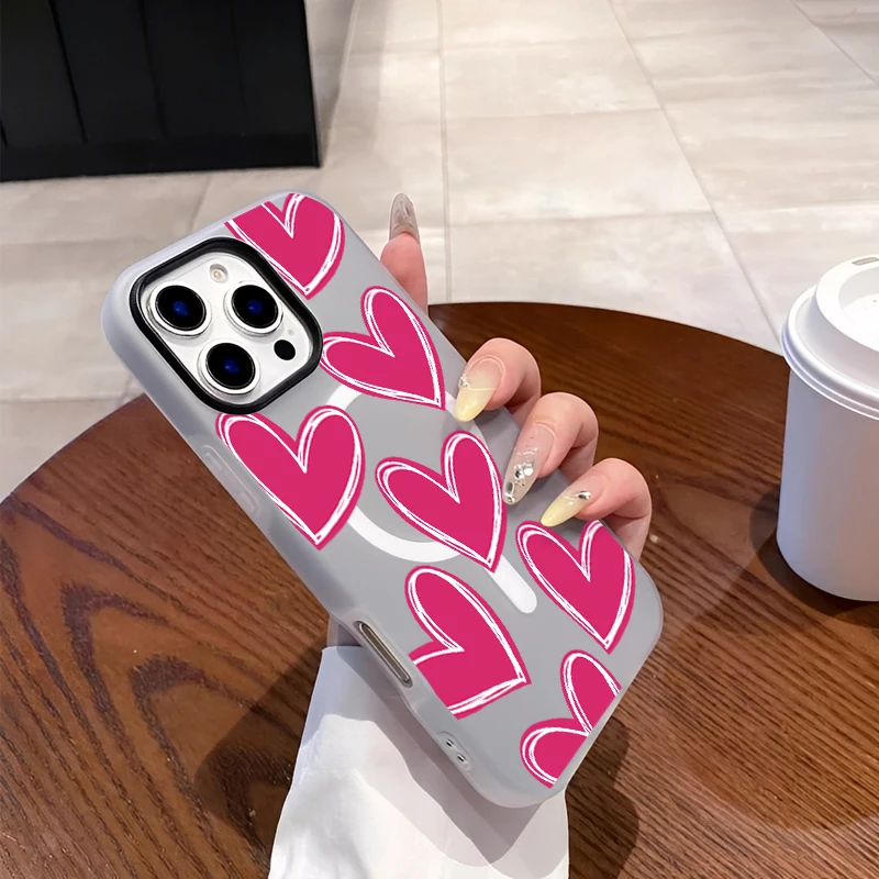 マグネットファッション トレンド シンプル ガーリッシュ ハート フルスクリーン ラブ スマホケース iPhone16 15 14 13 12 11PROMAX対応 シリコンケース カバー