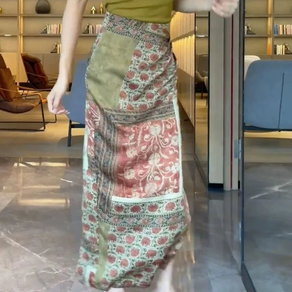 

Women Botanical Print Midi Skirt Summer 2025 Side Vent High Waist A-Line Dark Academia Library Core Intellectual Chic Style
