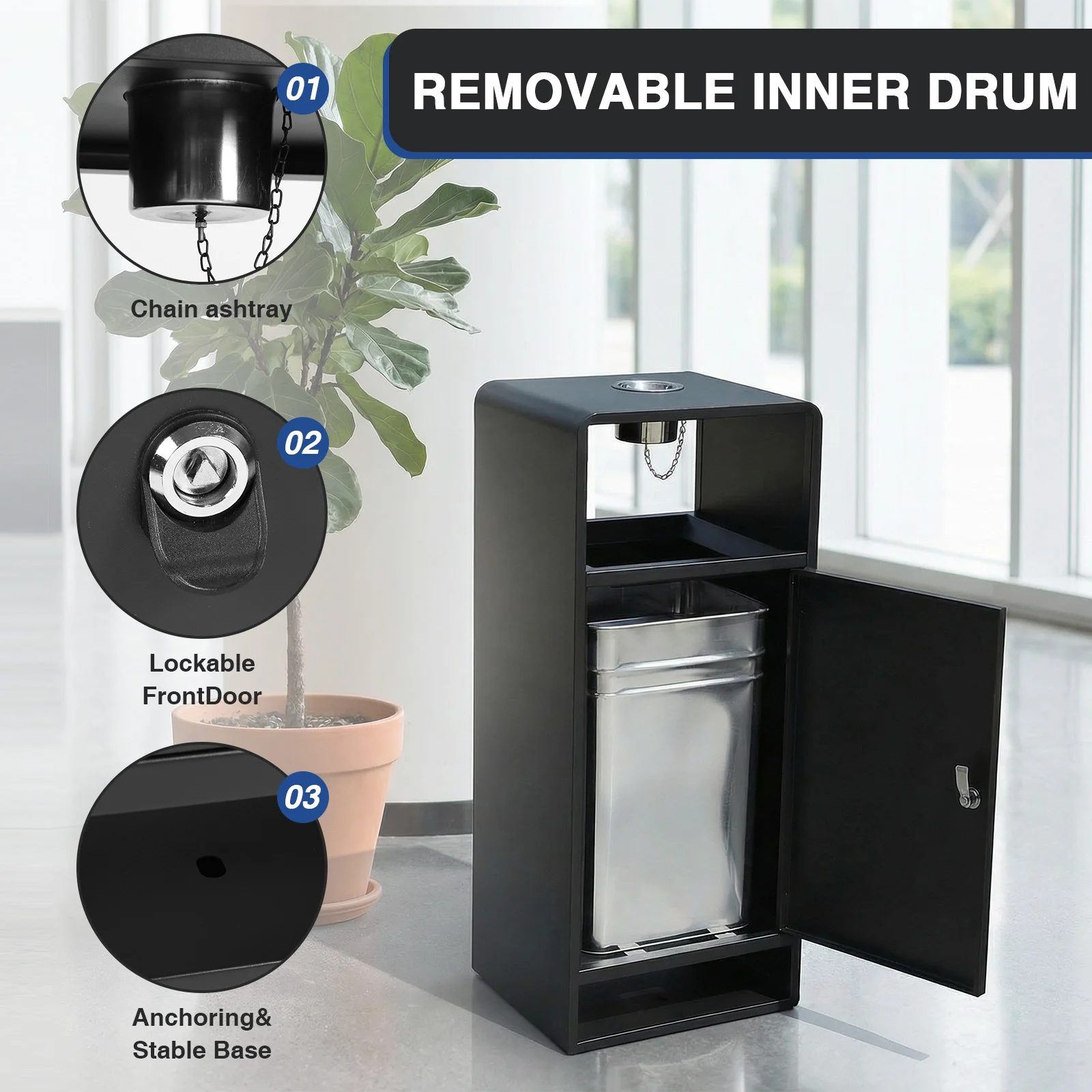 

40L/10 Gallon Stainless Steel Extra Large Metal Garbage Bin Four-Side Openings Outdoor Waste Container for Parks Malls Parkings