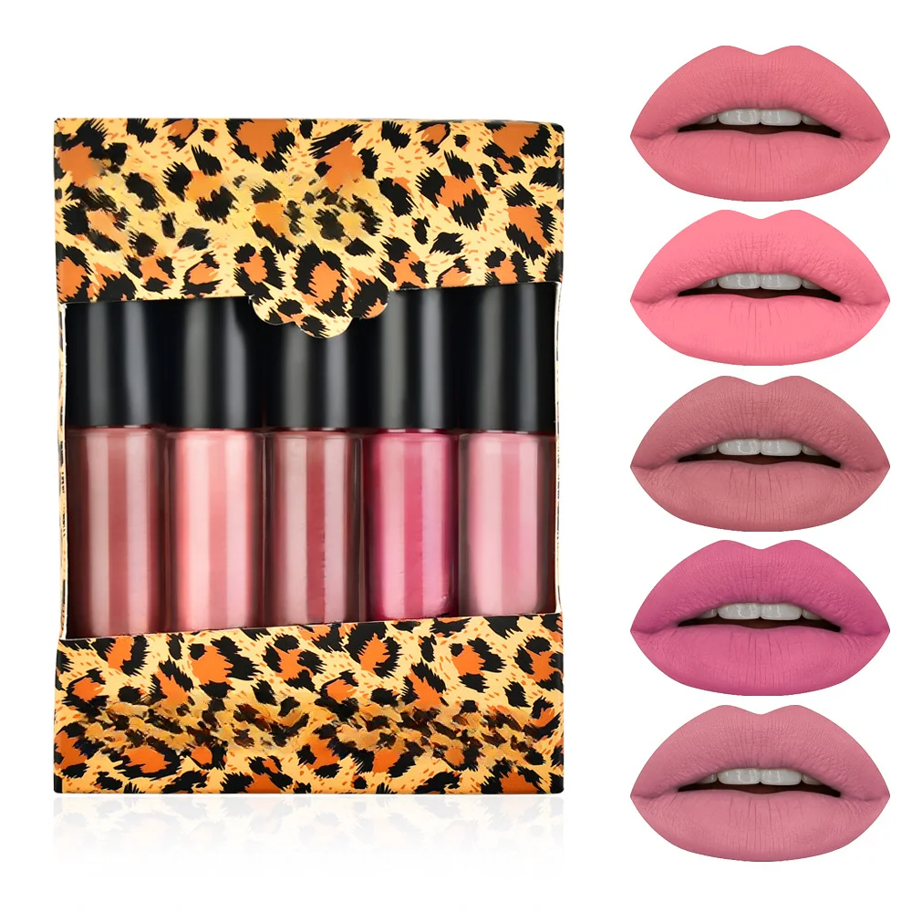 

Matte mist lip glaze five mini box Lip gloss lipstick not easy to stick cup nude pumpkin color