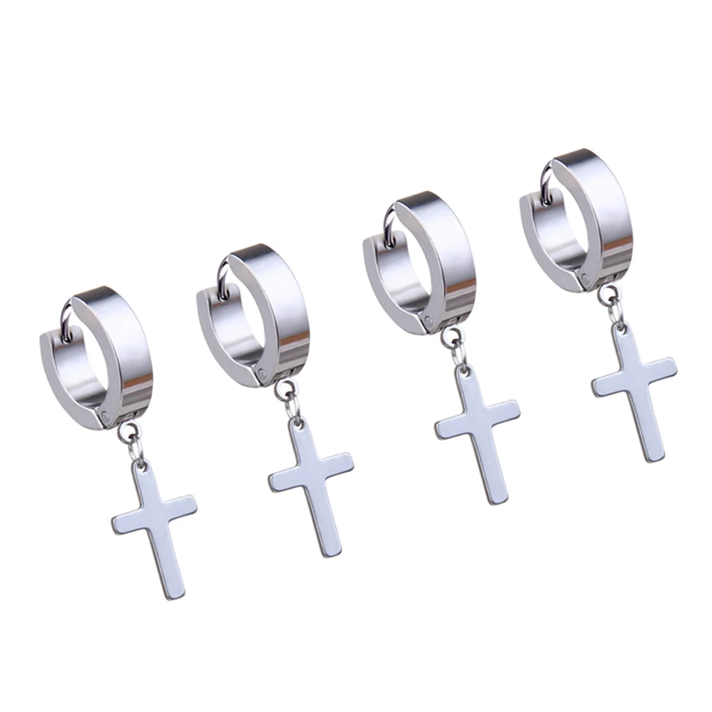 

4 Pcs Cross Earrings Family Gift Hip Hop Clip Stand Out Punk Pendant Birthday Titanium Steel