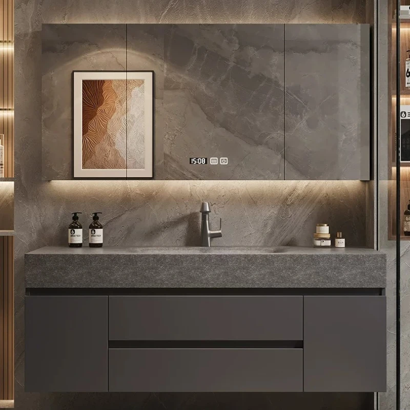 Modern Minimalist Bathroom Vanity with Rock Plate Heat-Bent Integrated Sink Sleek Wall-Mounted Cabinet with Storage Drawers