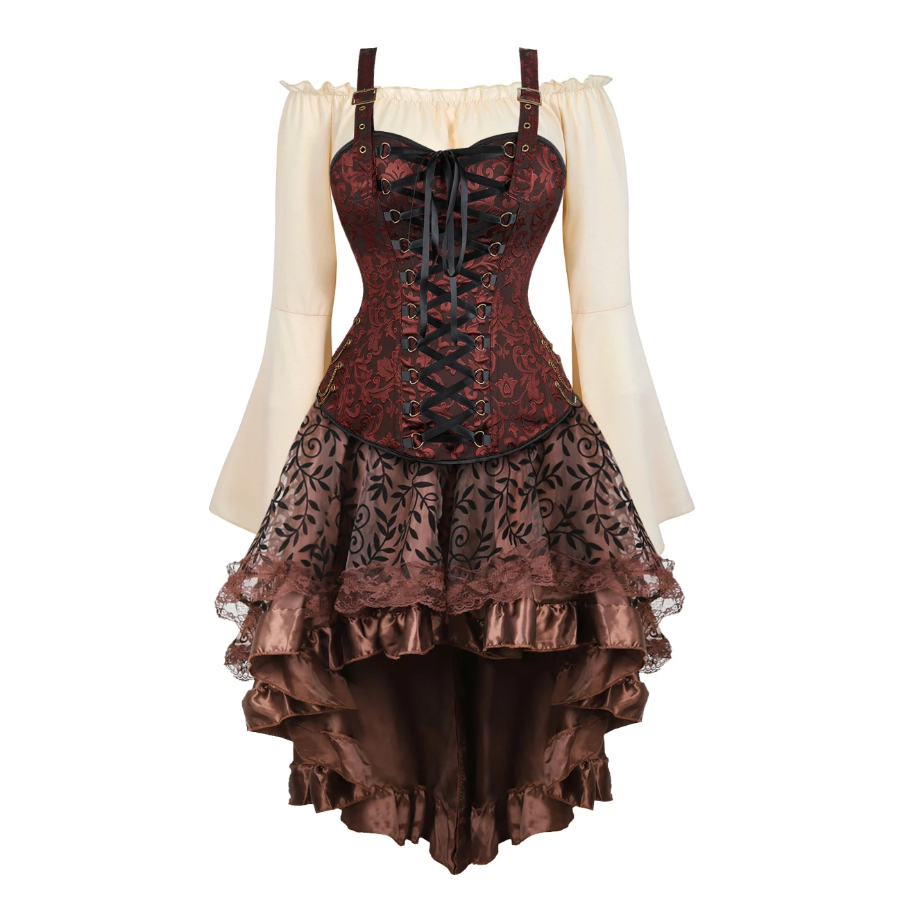 Vestido espartilho steampunk para mulheres, espartilho gótico com alças, fantasia cosplay de halloween, conjunto de 3 peças