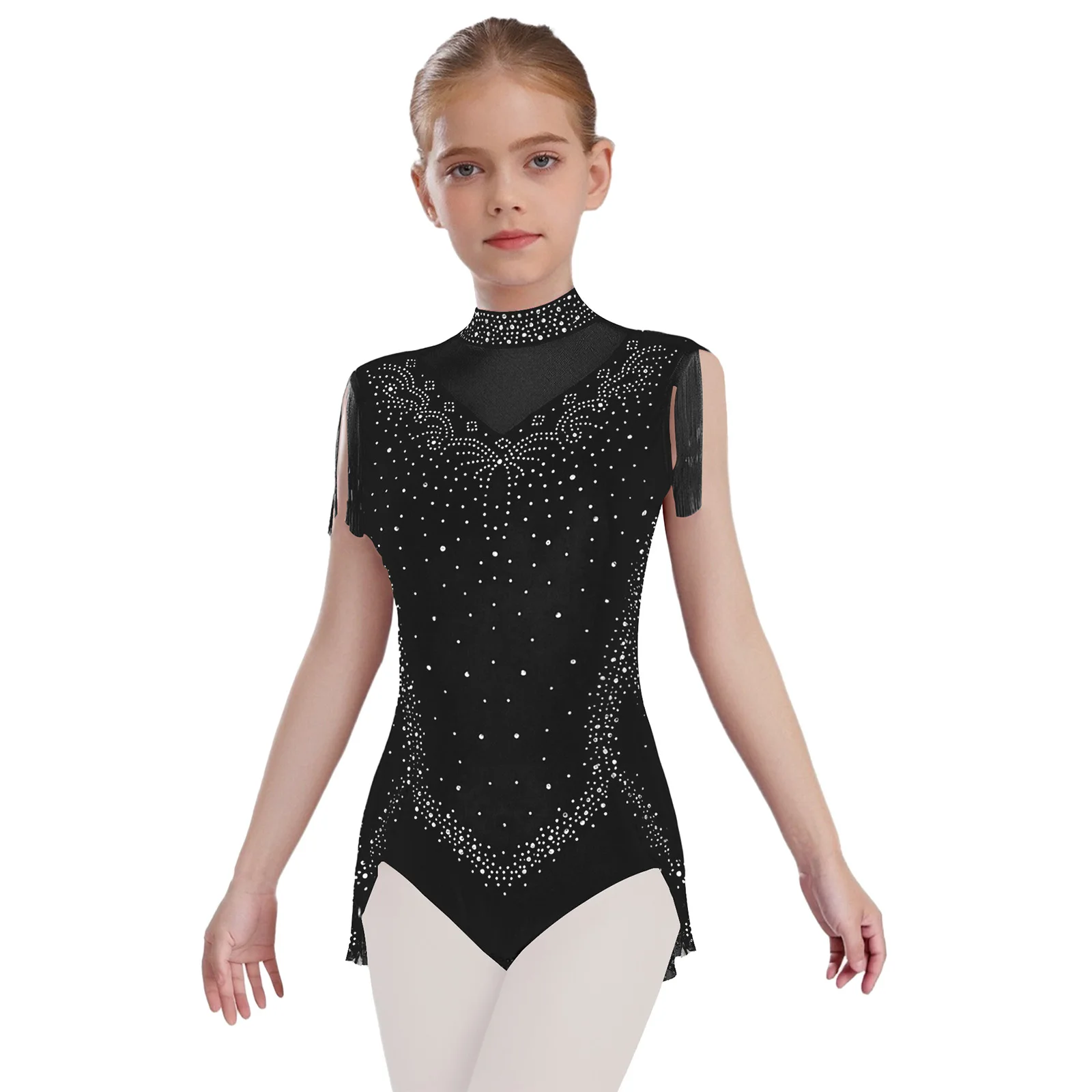 

Sleeveless Gymnastics Figure Skating Leotard Girls Ballet Lyrical Latin Dance Costumes Rhinestones Mesh Tassel Skirted Bodysuits