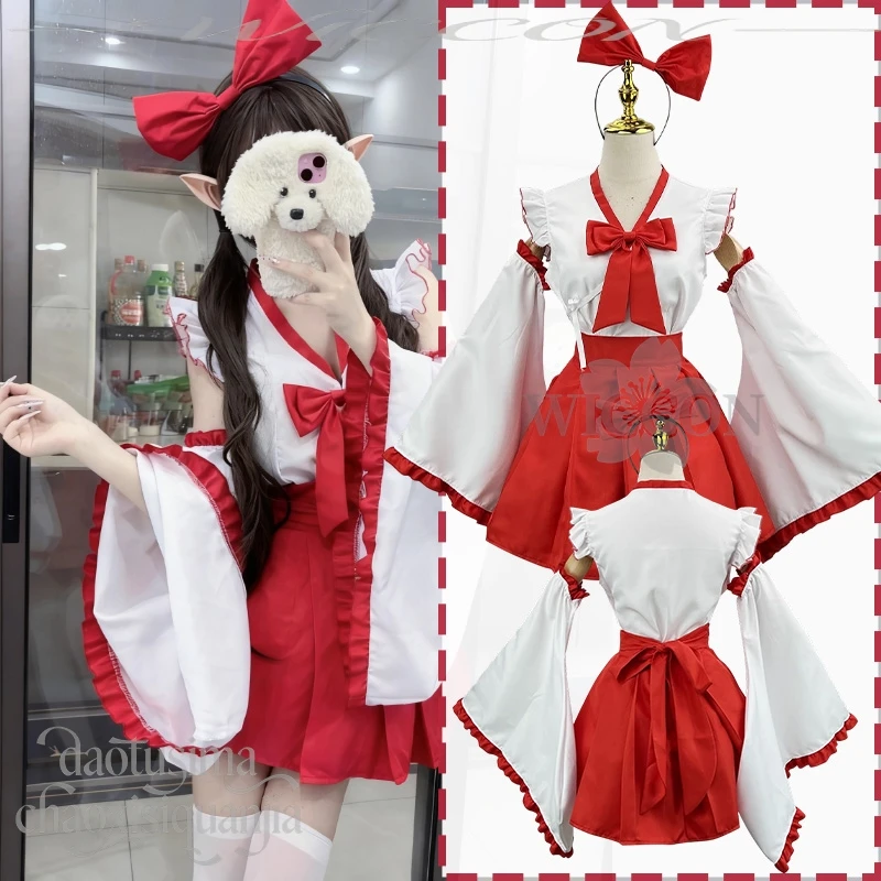 

Кавайное японское мини-платье ведьмы Мико, красное мини-платье с бантом, повязка на голову, милый аниме-костюм на 2026 год, Рождество, Хэллоуин