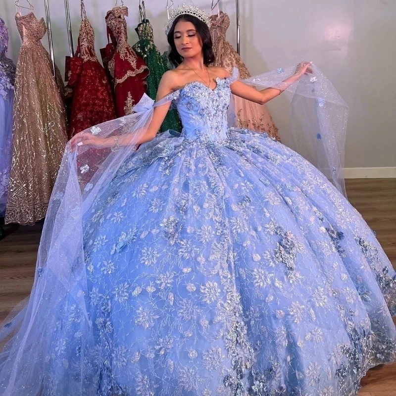 

Sky Blue Sweetheart Quinceanera Dresses Ball Gown Appliques Beads With Cape Vestidos Para Quinceañera 2024 Brithday Party Gown