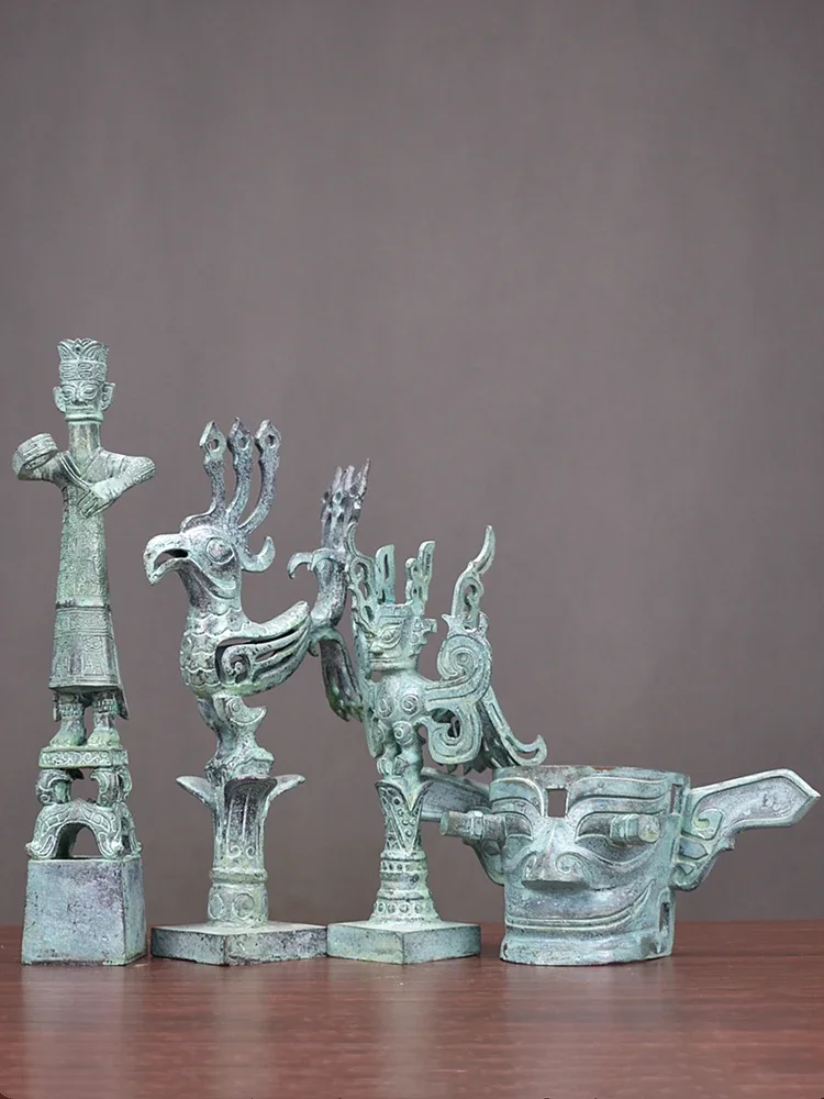 

Sanxingdui Bronze Ware, Standing Man Mask, Flying Man, Flying Bird, Head Statue, Divine Tree Artwork Decoration