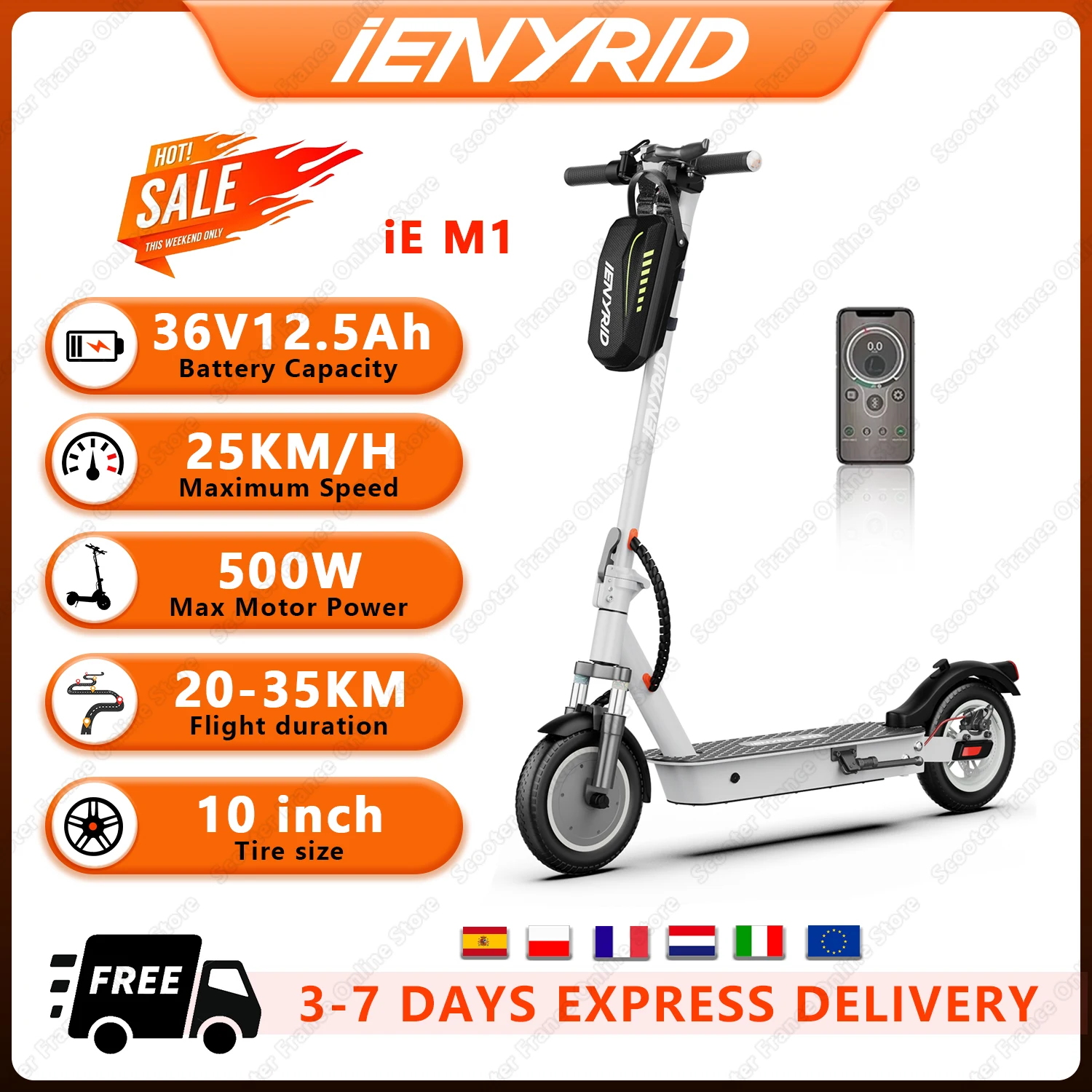 IE-M1 Scooter elettrico 250W 36 v12.5ah escooter stile uomo e donna 10 pneumatici a nido d'ape City Scooter leggeri elettrici