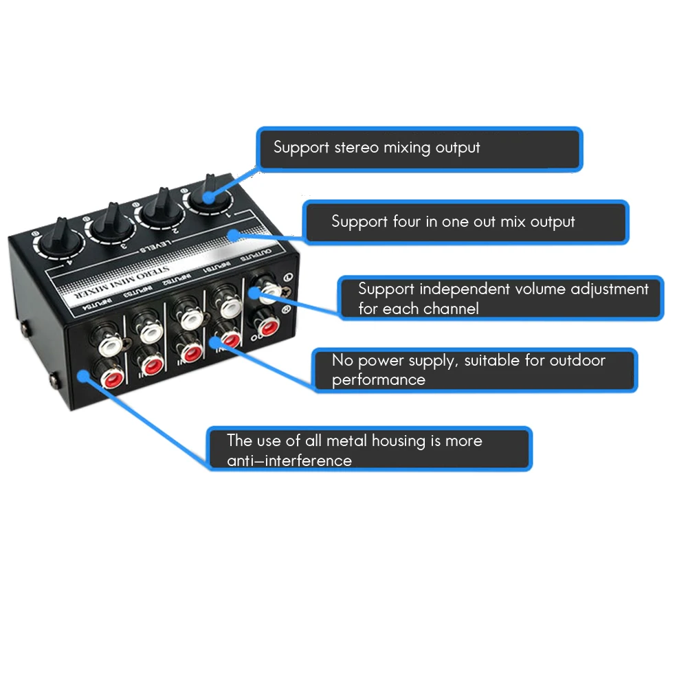 Mezclador de audio estéreo de 4 canales compatible con entrada y salida RCA Mini mezclador estéreo pasivo con controles de volumen separados