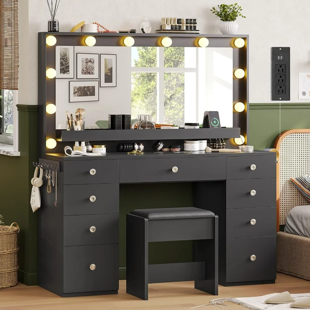 with Large Lighted Mirror and 9 Drawers, Large Vanity Desk with Storage Rack, Hook, Crystal Handle,  with Charging Station