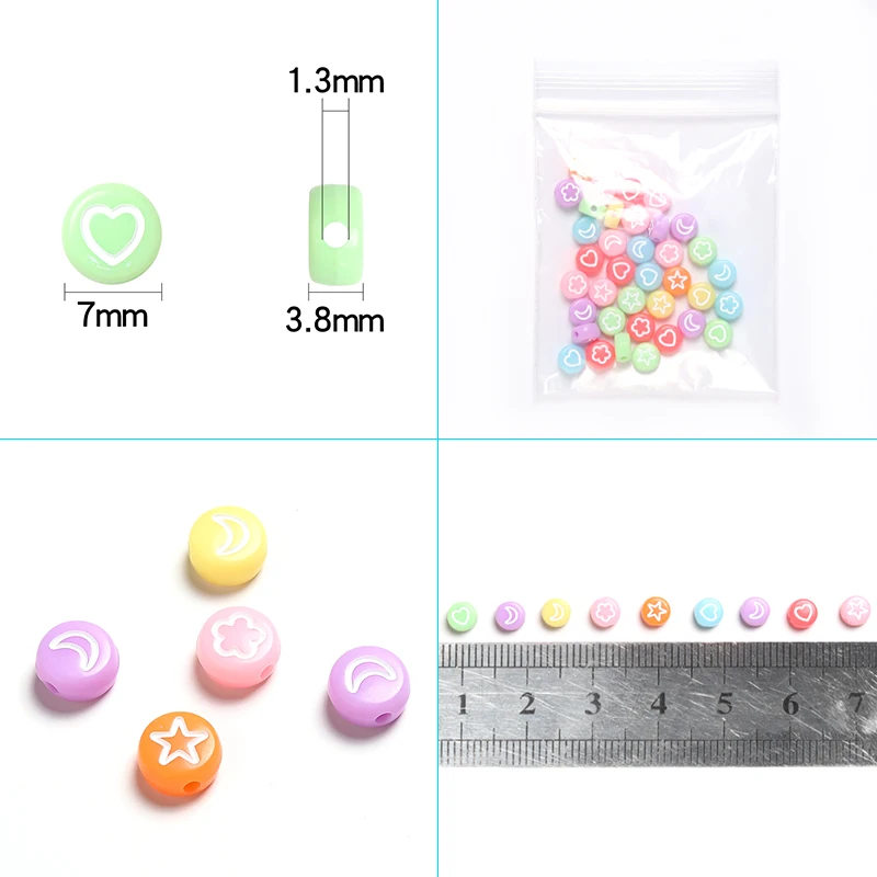 100pcs 7mm Colorful Mixed Flower Star Moon Heart Beads Round Flat Loose Spacer Acrylic Beads For Jewelry Making Diy Bracelet