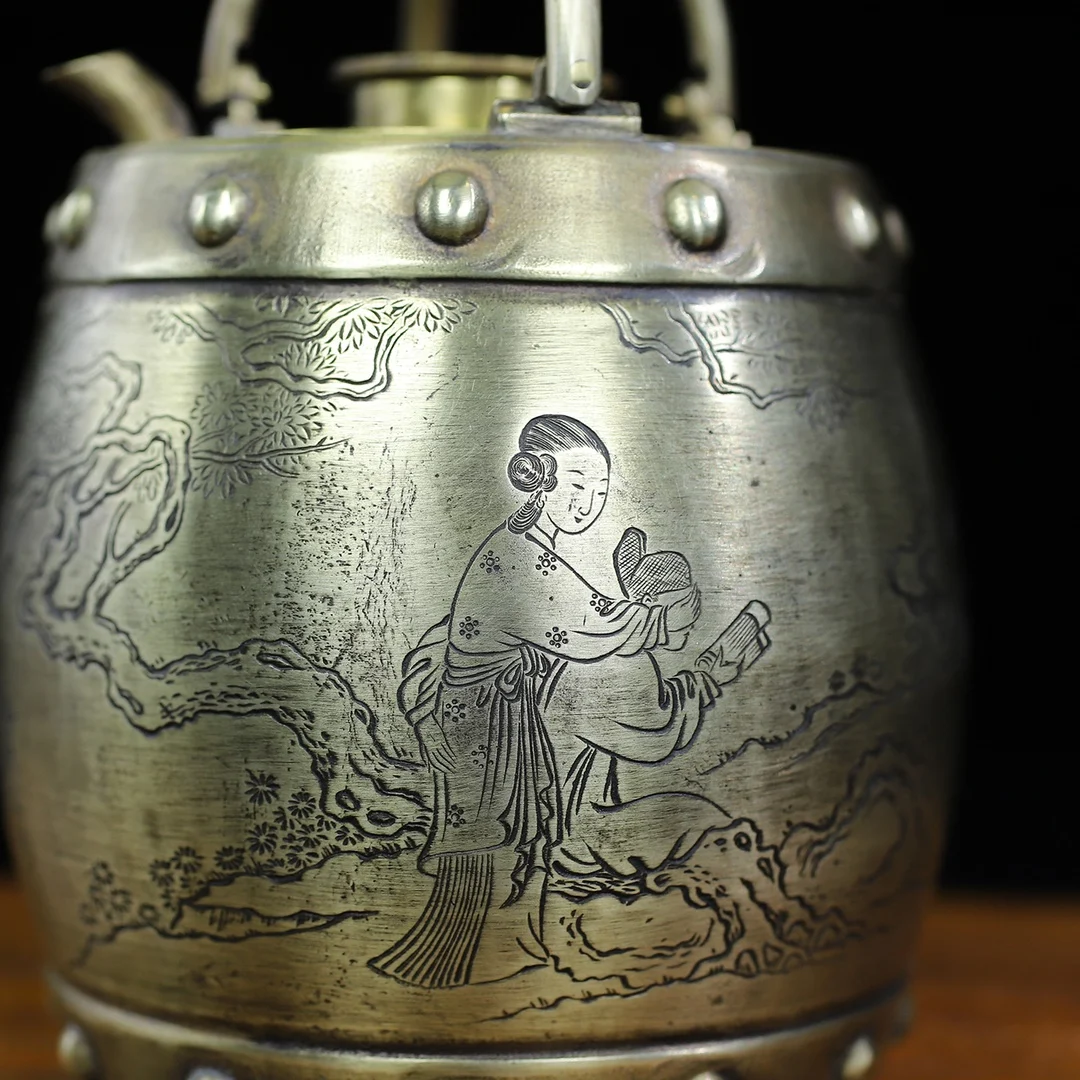 White Copper Engraved Human Story Motifs, Round Drum-Shaped Wine Warmer With Handle, Decorative Piece