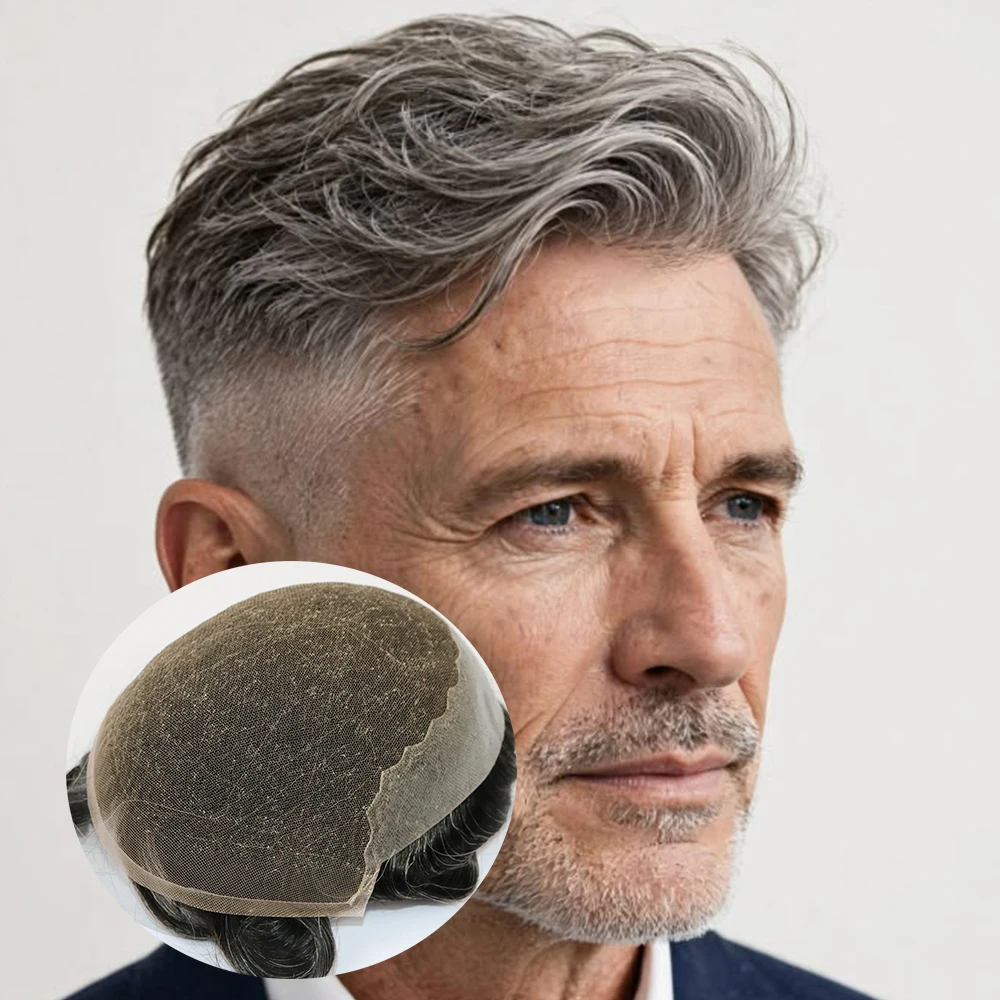 Dunkelbraunes Blondes Langlebiges Q6-Toupet für Männer mit Natürlichem Haaransatz, Unsichtbarem Spitzen- und PU-Besatz, 1B50 1B80 Graues Haar, Gebleichte Knoten, Prothese – Detail 1
