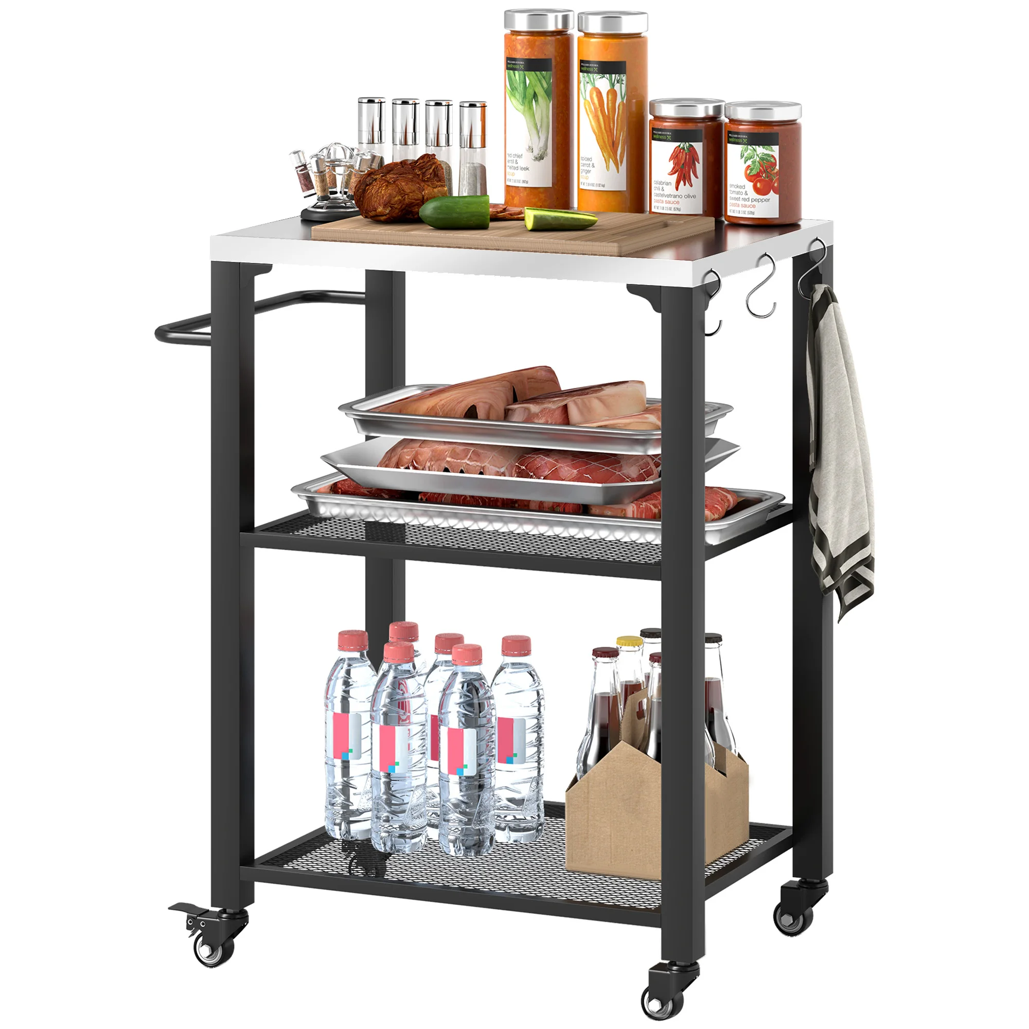 Three-Shelf Outdoor Grill Cart Movable Food Prep Table with Wheels