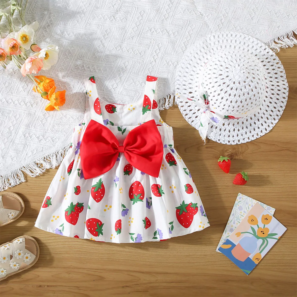 Summer 2Pcs/SetGirl's New Bow Cartoon Strawberry Print Korean Sweetheart Sling Dress Comes with Hat