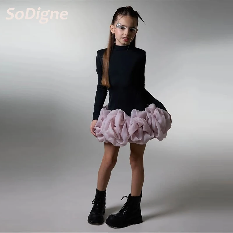 Gaun Pesta Anak Perempuan SoDigne 3D Flower Satin, Model Pendek, Lengan Panjang, Kerah Tinggi, Gaya Putri, Rok Anak, Gaun Pesta 2026, Gaun Anak yang Dapat Disesuaikan