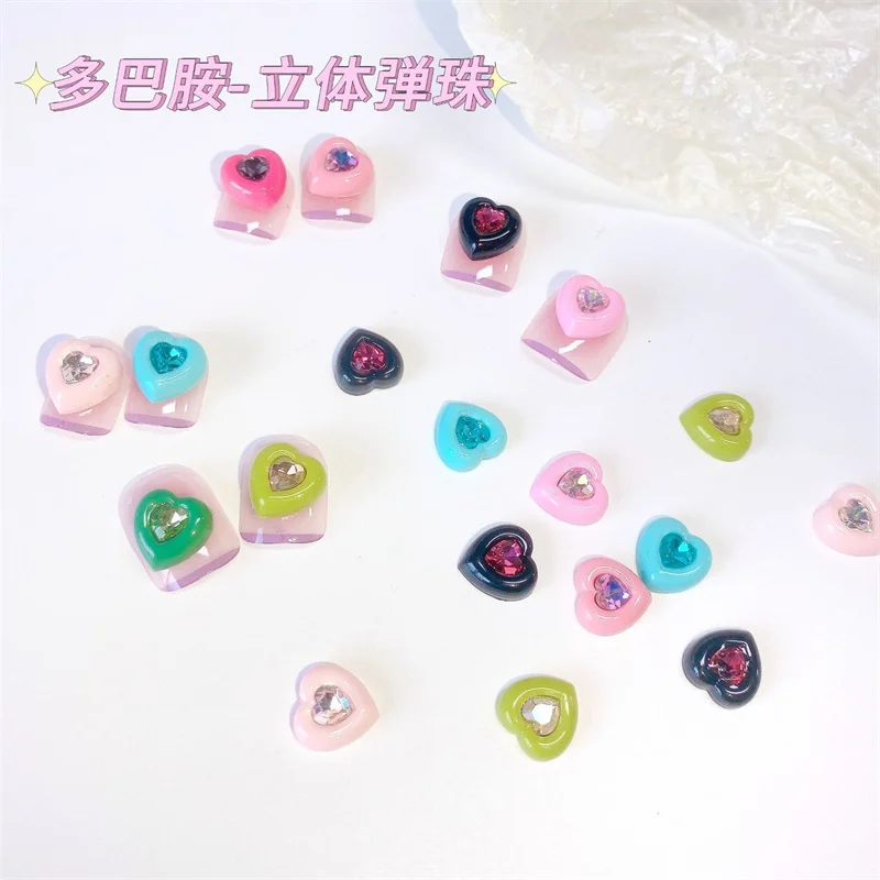 10Pcs Nail Art Heart Charms Multi-Colors 11x12mm Heart Shaped Nail Flatback Rhinestones Designs Charms Jewelry Manicure