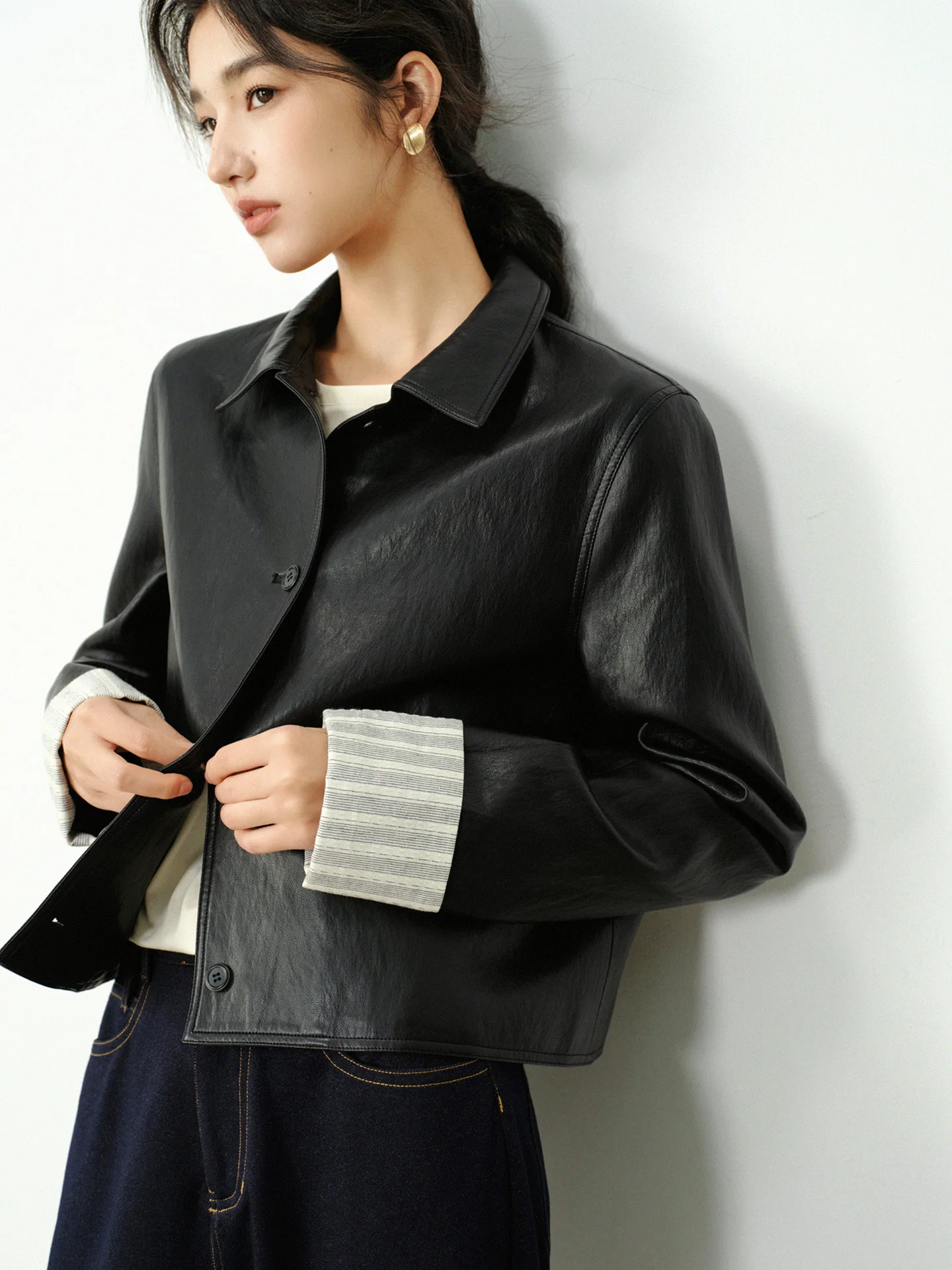 Vintage PU Leather Jacket for Women Short Loose Fit Coat Autumn Casual Turn Down Collar Outerwear Fashion Cropped Motorcycle Top