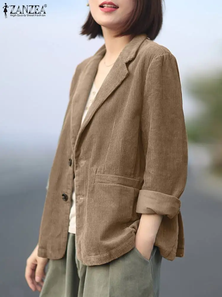 ZANZEA Vintage Corduroy Blazer Woman Long Sleeve Lapel Neck Suits Autumn Fashion Buttons Jackets Casual Pockets Outerwear 2023