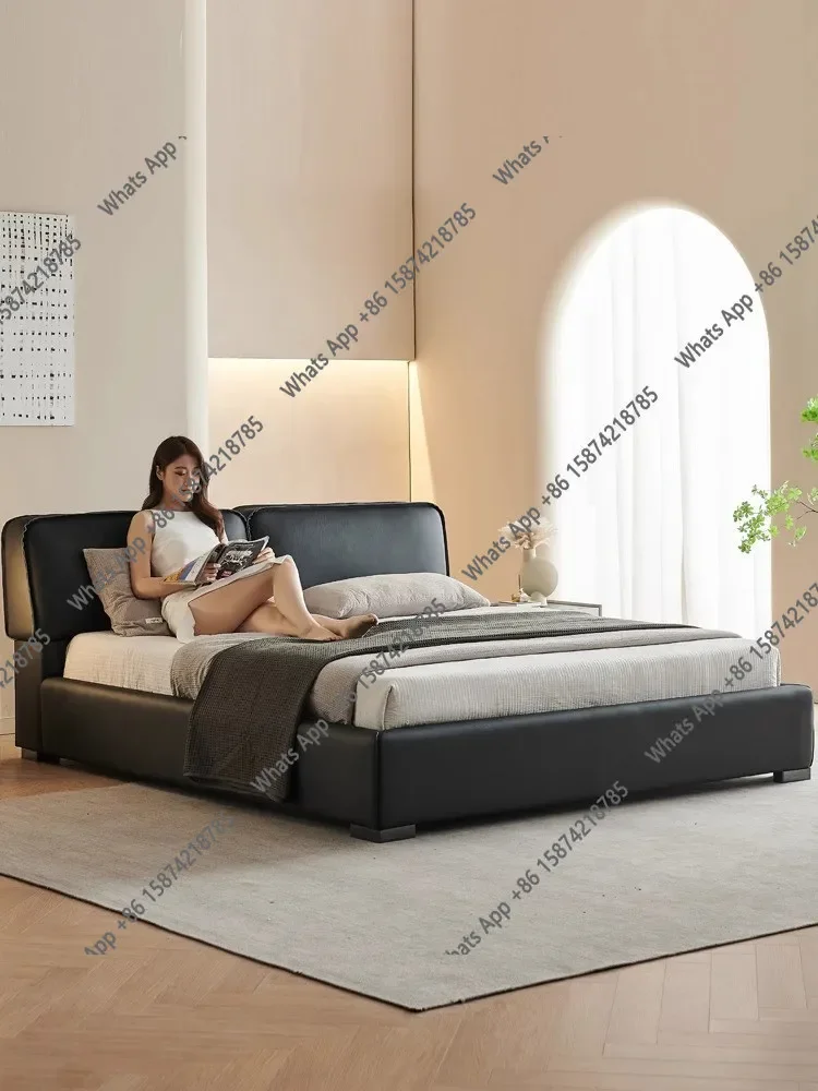 n-J Big Black Cow Bed Head Layer Cowhide Master Bedroom High-end Atmosphere Upholstery Italian Modern Simple Double Tofu Block L