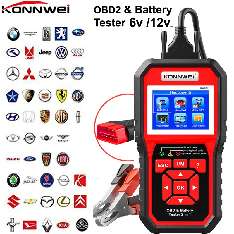 

Professional OBD2 Scanner Diagnostics Tool KW870 for 6V 12VCar Motorcycle Battery Tester 2 in1 OBD Cranking Charging Tester Tool