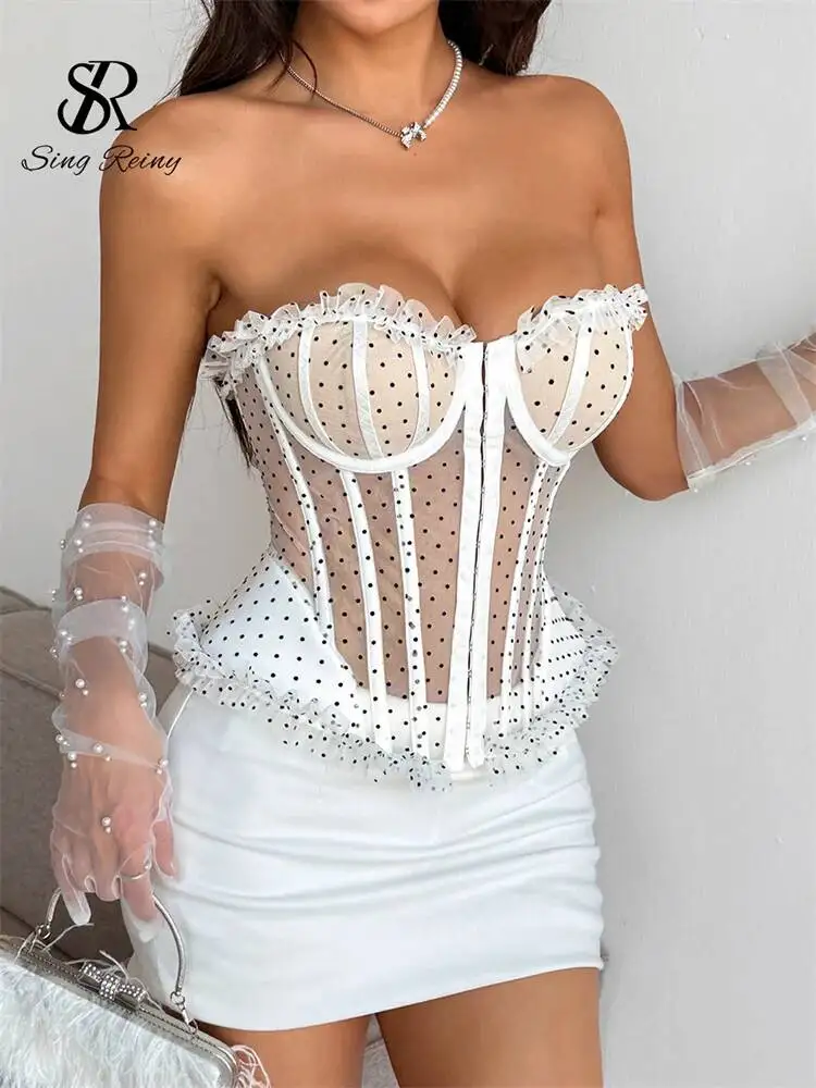 Polka Dot Lace Corset Tops Ladies Strapless Lace Up Glamorous Flirty Tank Top Summer Sheer Night Club Sensual Camisole