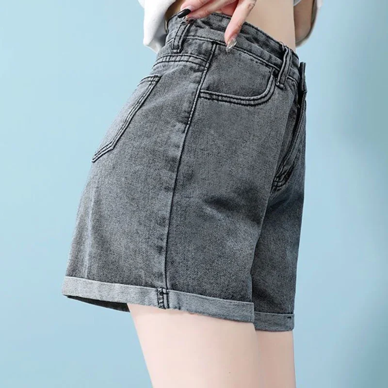 2024 New Summer Women Streetwear Hot Denim Shorts Female Korean Mini Pants Girls Loose Blue Black Black Gray A Line Short Jeans